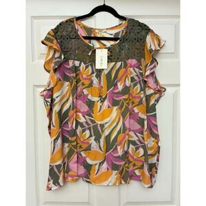 Como Blu Floral Blouse 3X Plus Ruffle Sleeve Crochet Yoke Top NWT